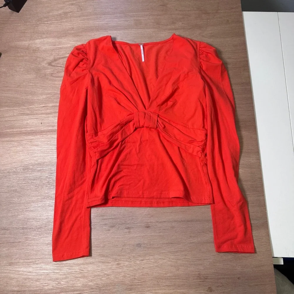 Free People Womens Orange Knotted Front Deep V-Neck Puff Sleeve Top Large